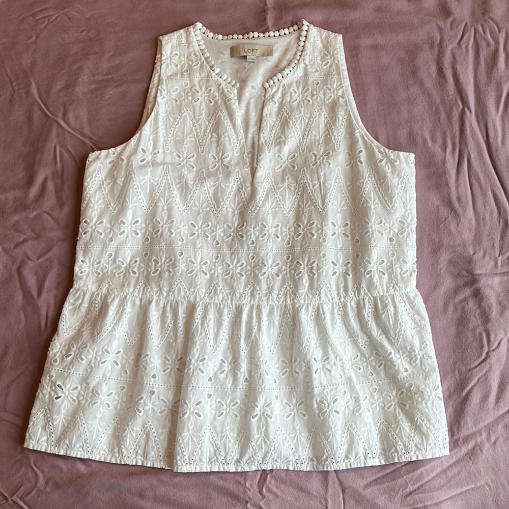 LOFT White Eyelet Sleeveless Peplum Tank Top